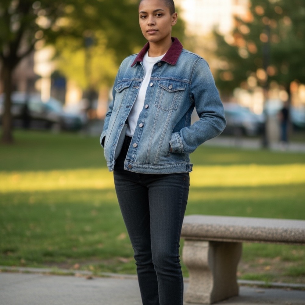 Jordache Denim Jacket with Burgundy Collar